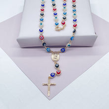 Load image into Gallery viewer, 18k Gold Filled 24” long Colorful Evil Eye Rosary Style Necklace Featuring Our