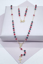 Load image into Gallery viewer, 18k Gold Filled 20” long Black and Red Beaded Rosary Style Necklace