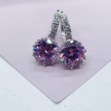 Load image into Gallery viewer, Elegant 18k Silver Filled 9mm Colorful Zirconia Lever Back Earrings Featuring Clear CZ Details