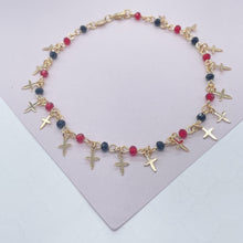 Load image into Gallery viewer, 18k Gold Filled Red and Black Bead Charm Anklet Bracelet Featuring 17 Tiny Crosses