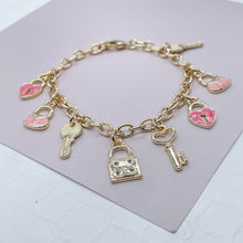 Load image into Gallery viewer, 18k Gold Filled Pink Charm Bracelet With Heart & Keys Wholesale Jewelry