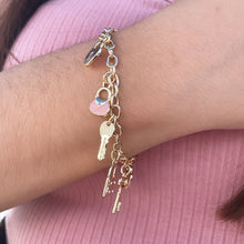 Load image into Gallery viewer, 18k Gold Filled Pink Charm Bracelet With Heart & Keys Wholesale Jewelry