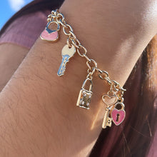 Load image into Gallery viewer, 18k Gold Filled Pink Charm Bracelet With Heart & Keys Wholesale Jewelry