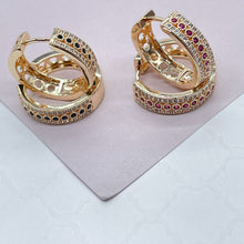 Load image into Gallery viewer, 18k Gold Filled Pave Hoops With 1 Row of colorful Stones