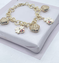 Load image into Gallery viewer, 18k Gold Filled Charm Bracelet: Heart, Ladybug & Flower Charms
