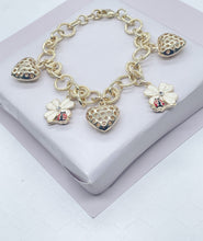 Load image into Gallery viewer, 18k Gold Filled Charm Bracelet: Heart, Ladybug & Flower Charms