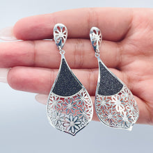 Load image into Gallery viewer, Silver Filled Tear Drop Dangling Earrings with Sparkling Black Detail