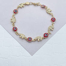 Load image into Gallery viewer, 18k Gold Filled Elephant and Evil Eye Bracelet Featuring Red And Blue Evil