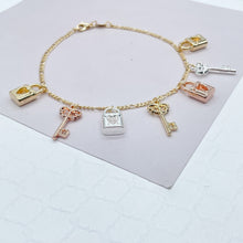 Load image into Gallery viewer, 18k Gold Filled Tri-Color Lock & Key Charms Anklet