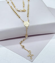 Load image into Gallery viewer, 18k Gold Filled Rosary Necklace: Beaded Virgin Mary Medal, Tiny Cross