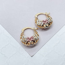 Load image into Gallery viewer, 18k Gold Filled Tri-Colored Thick Open Hollow Hoop Earrings With Floral Design