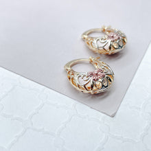 Load image into Gallery viewer, 18k Gold Filled Tri-Colored Thick Open Hollow Hoop Earrings With Floral Design