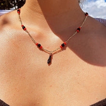 Load image into Gallery viewer, 18k Gold Filled Figaro Necklace Featuring Black "Figa", Red Beads, Simulated