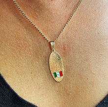 Load image into Gallery viewer, 18k Gold Filled Oval Shaped Our Lady of Guadalupe Pendant Featuring Mexican Flag Supplies