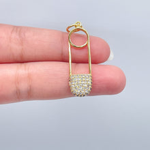 Load image into Gallery viewer, 18k Gold Filled Safety Pin Charm: Cubic Zirconia Pendant