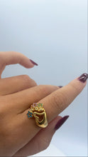 Load image into Gallery viewer, 18k Gold Filled Heart Ring With Mini Enamel Flowers Detail Charms Attached Jewelry