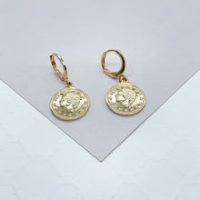 Load image into Gallery viewer, 18k Gold Filled Coin Drop Earrings, Vintage Coin Medal