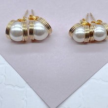 Load image into Gallery viewer, 18k Gold Filled Pearl Stud Side Wrapped By Gold Wire Hoop Detail, Small And Medium Size Available,