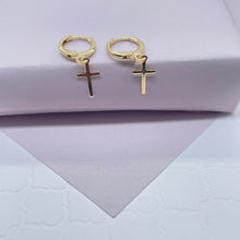 Load image into Gallery viewer, 18k Gold Filled Tiny Plain Hanging Cross Hoop Earrings Jewelry