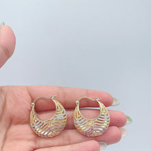 Load image into Gallery viewer, 18k Gold Filled Tri-Color Wavy Patterned Basket Shape Hoop Earrings, Bohemian Hoop, Mothers day Gift, Waterproof, Hypoallergenic Hoops