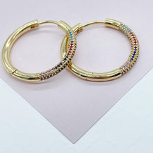 Load image into Gallery viewer, 18k Gold Filled Hoop Earrings: Colorful Pave Cubic Zirconia, 1" Diameter