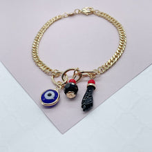 Load image into Gallery viewer, 18k Gold Filled Cuban Link Charm Bracelet: Blue Evil Eye & Figa