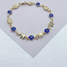 Load image into Gallery viewer, 18k Gold Filled Elephant and Evil Eye Bracelet Featuring Red And Blue Evil