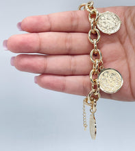 Load image into Gallery viewer, Chunky 18k Gold Filled Coin Charm Bracelet: Saint Benedict Medallion