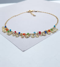 Load image into Gallery viewer, 18k Gold Filled Figaro Charm Anklet With With Multi-Colored Small Beads and Flat Gold Charms