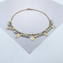 Load image into Gallery viewer, 18k Gold Filled Dainty Anklet With Pastel Bead Charms and Small Virgin Mary Medals