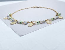 Load image into Gallery viewer, 18k Gold Filled Dainty Anklet With Pastel Bead Charms and Small Virgin Mary Medals