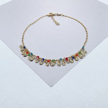 Load image into Gallery viewer, 18k Gold Filled Figaro Charm Anklet With With Multi-Colored Small Beads and Flat Gold Charms