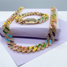 Load image into Gallery viewer, 18k Gold Filled Colorful Enamel and Zirconia Thick Cuban Link Set