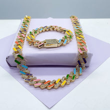 Load image into Gallery viewer, 18k Gold Filled Colorful Enamel and Zirconia Thick Cuban Link Set