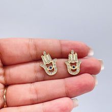Load image into Gallery viewer, 18k Gold Filled Hamsa Earring With Blue Evil Eye