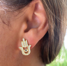 Load image into Gallery viewer, 18k Gold Filled Hamsa Earring With Blue Evil Eye