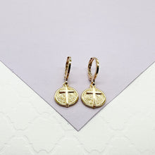 Load image into Gallery viewer, 18k Gold Filled Mini San Benedict and Small Cross Dangling Earrings
