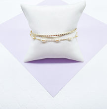 Load image into Gallery viewer, 18k Gold Filled Double Bracelet with Cuff Bangle & Dainty pearl Satellite Bracelet