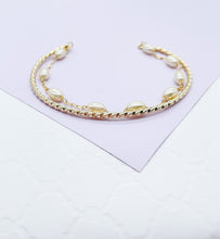 Load image into Gallery viewer, 18k Gold Filled Double Bracelet with Cuff Bangle & Dainty pearl Satellite Bracelet