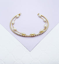 Load image into Gallery viewer, 18k Gold Filled Double Bracelet with Cuff Bangle & Dainty pearl Satellite Bracelet