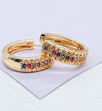 Load image into Gallery viewer, 18k Gold Filled Colorful Single Row Pave Huggie Hoop Earrings