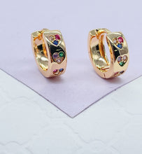 Load image into Gallery viewer, 18k Gold Filled Huggie Earring With Colorful Stoned Hearts