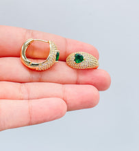 Load image into Gallery viewer, 18k Gold Filled Chunky Pave Huggies Earrings With 3 Different Colorful Stone in Center