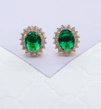 Load image into Gallery viewer, 18k Gold Filled Emerald Green Stud Earring Crowned with White CZ Stones