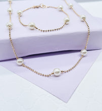 Load image into Gallery viewer, 18k Gold Filled Pearl Necklace Bracelet Set: Shinny Ball Chain