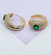 Load image into Gallery viewer, 18k Gold Filled Chunky Pave Huggies Earrings With 3 Different Colorful Stone in Center