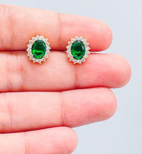 Load image into Gallery viewer, 18k Gold Filled Emerald Green Stud Earring Crowned with White CZ Stones