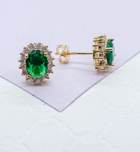 Load image into Gallery viewer, 18k Gold Filled Emerald Green Stud Earring Crowned with White CZ Stones