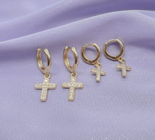 Load image into Gallery viewer, 18k Gold Filled 2 Dangling Pave Cross Hoop Earrings