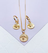 Load image into Gallery viewer, 18k Gold Filled World Map Medallion Set, Airplane earrings, travel gift